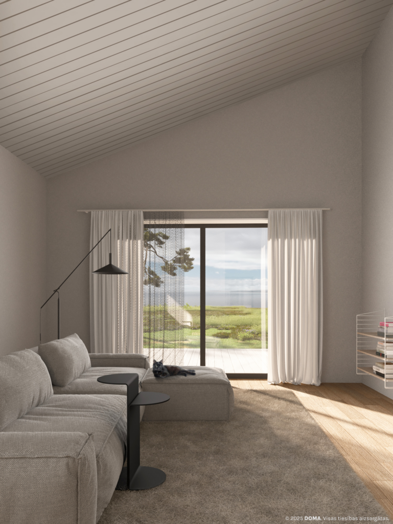 DOMA.homes interjers ar dēlīšu griestu apdari